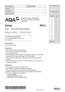 A-level Biology Question paper Unit 02 - The variety of living