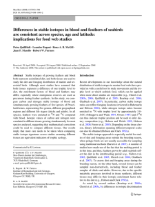 Differences in stable isotopes in blood and feathers of seabirds are