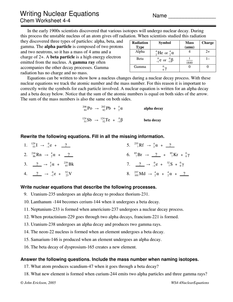 worksheet Writing Nuclear Equations Chem Worksheet 4 4 writing nuclear equations