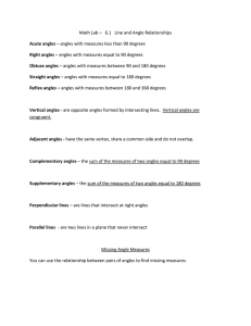 Math Lab – 6.1 Line and Angle Relationships Acute angles – angles