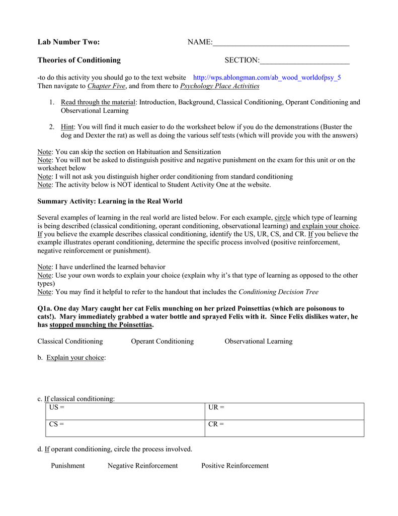 Worksheets Operant Conditioning Worksheet lab number two name