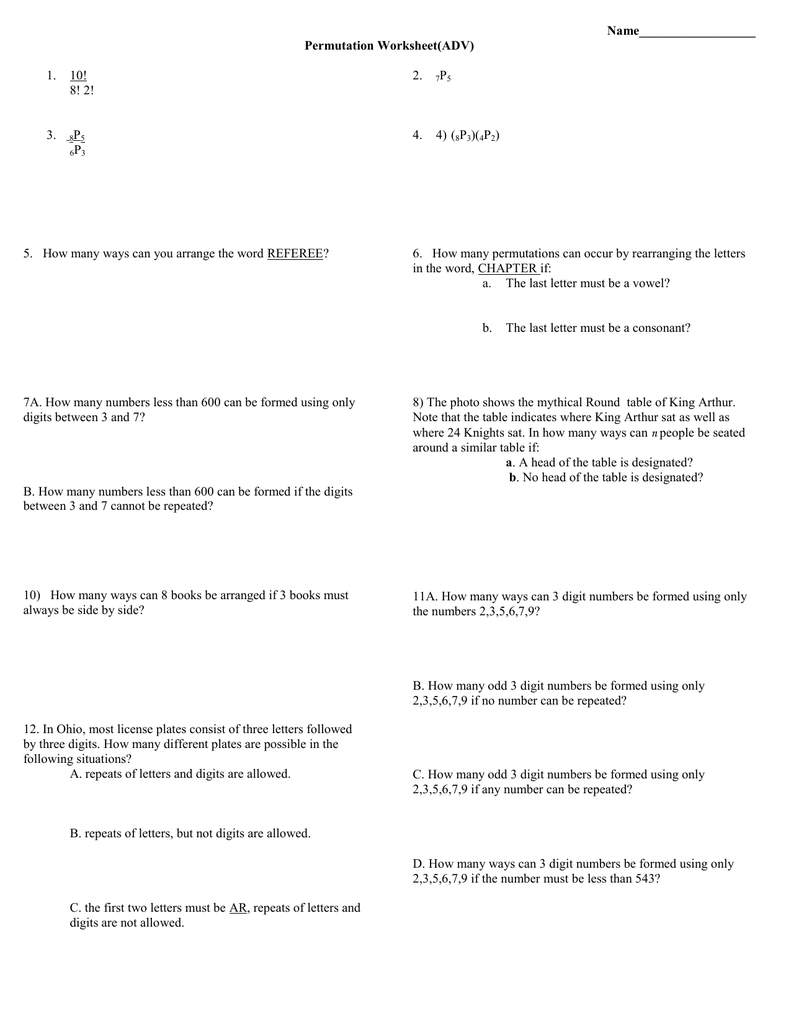 worksheet Permutations Worksheet name permutation worksheetadv
