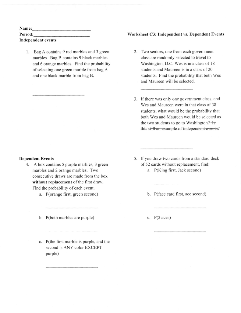 Worksheets Worksheet-b3-complementary-events-answers independent probability worksheet images for kids maths period c3 vs dependent events the two