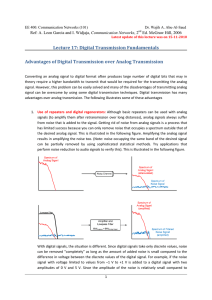   Lecture 17: Digital Transmission Fundamentals  Advantages of Digital Transmission over Analog Transmission 