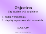 Multiplying Monomials - Pascack Valley Regional High