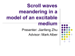 Scroll waves meandering in a model of an excitable medium