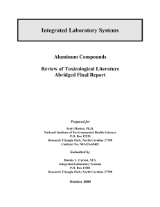 Integrated Laboratory Systems Aluminum Compounds Review of Toxicological Literature Abridged Final Report