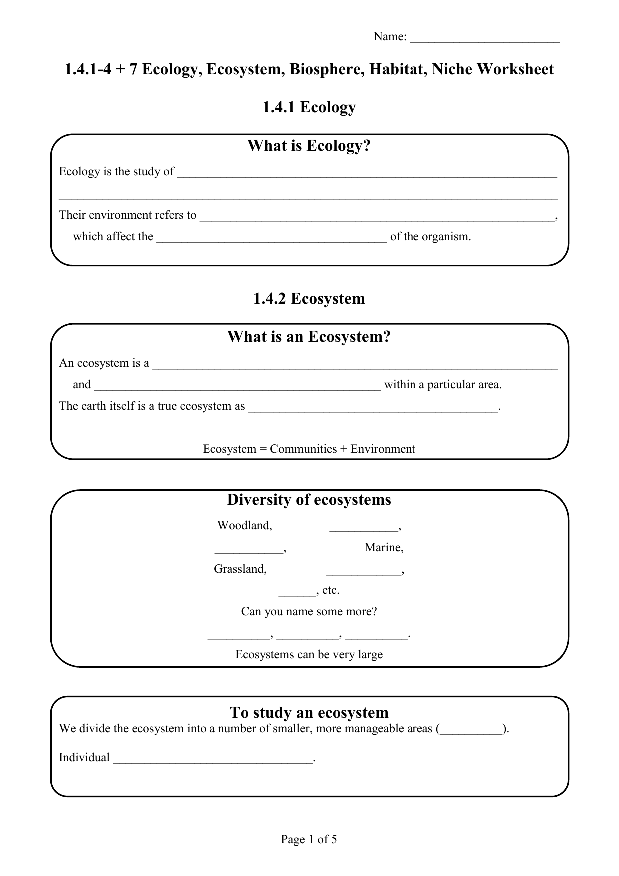 Worksheets Ecosystem Worksheet 1 4 ecology ecosystem biosphere habitat worksheet