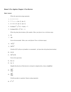 Honor`s Pre-Algebra Chapter 4 Test Review Short Answer Write the