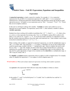 Math 6 Notes – Unit 05: Expressions, Equations and Inequalities