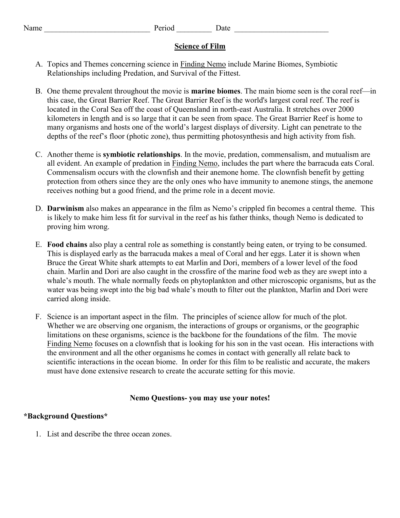 worksheet Finding Nemo Worksheet finding nemo questions