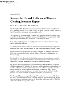 Researcher Faked Evidence of Human Cloning, Koreans Report