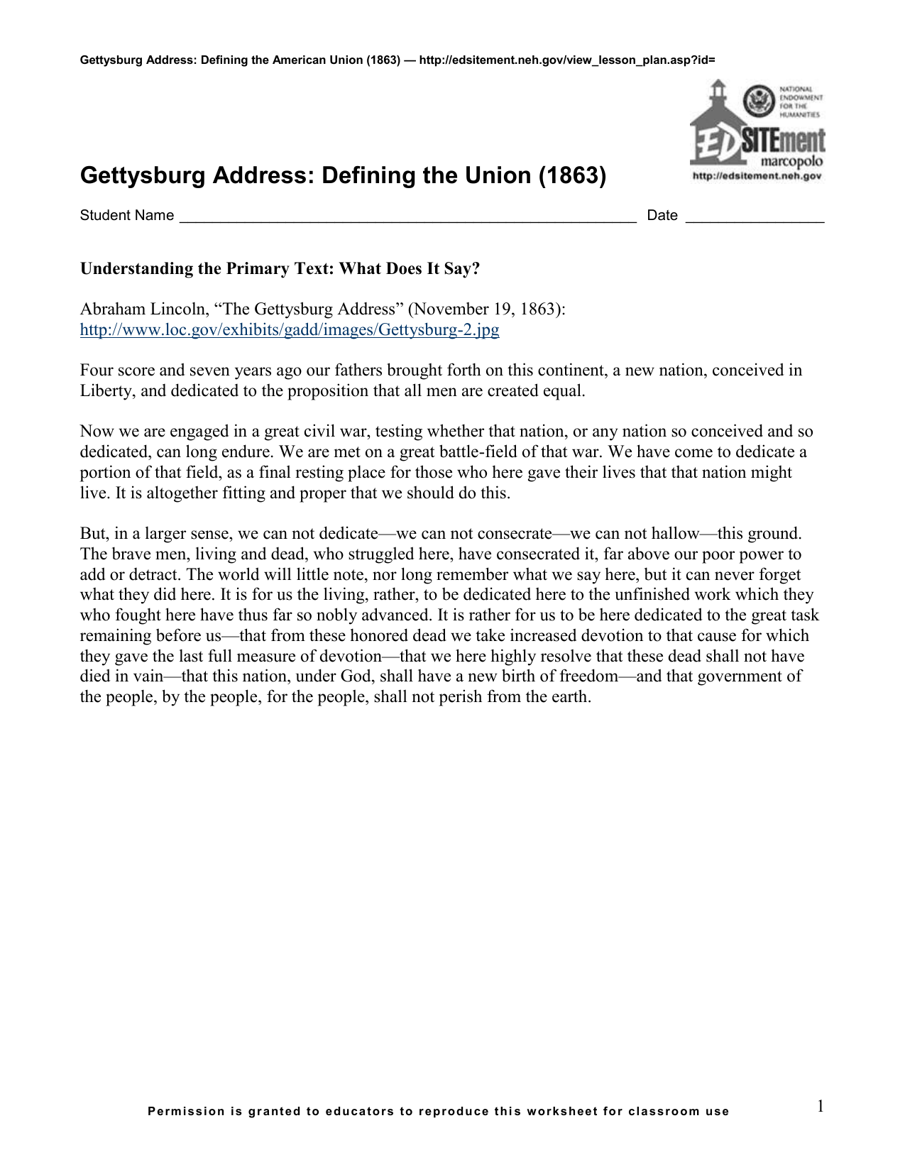 Worksheets Gettysburg Address Worksheet fragment on the constitution and union 1861