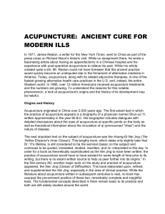 ACUPUNCTURE: ANCIENT CURE FOR MODERN ILLSBy Honora