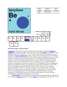 Beryllium isotopes in geochronology Cosmogenic Be and Be