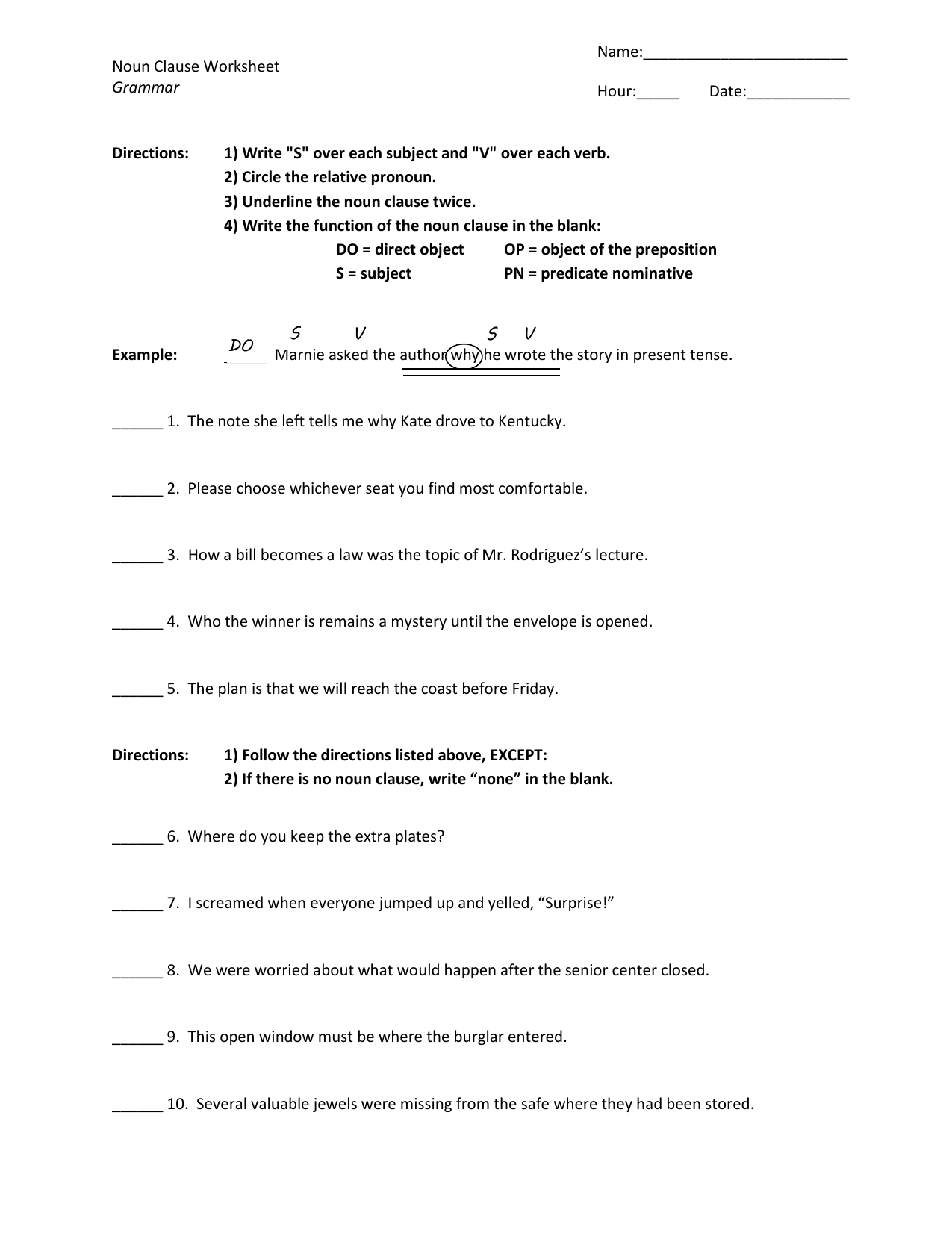 Worksheets Noun Clause Worksheet noun clause worksheet grammar name