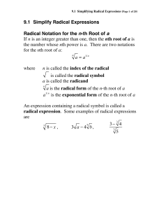9.1 Simplify Radical Expressions Radical Notation for the n