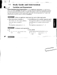 Study Guide and Intervention Variables and Expressions