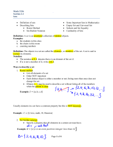 Page 1 of 4 Math 3336 Section 2.1 Sets • Definition of sets