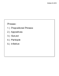 Phrases: 1.) Prepositional Phrases 2.) Appositives 3.) Gerund 4