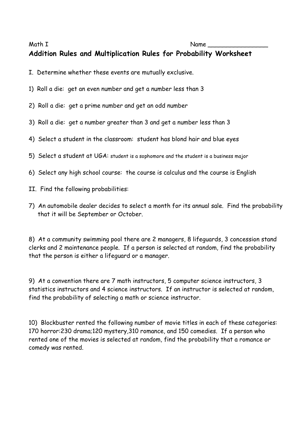 worksheet Probability Worksheets High School addition and multiplication rules worksheet
