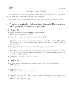 Daily Quiz Items By Date 1 Numbers, Variables, Polynomials