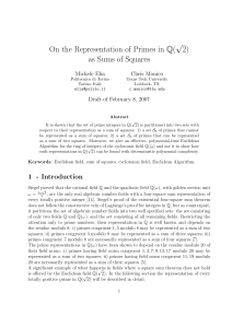 On the Representation of Primes in Q( √ 2) as Sums of Squares