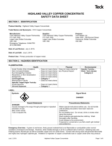 Copper Concentrate Highland Valley Copper SDS