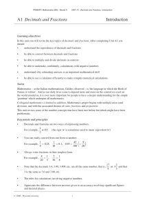 A1 Decimals and Fractions Introduction