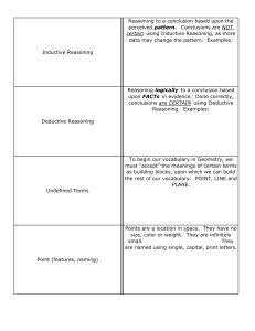 Inductive Reasoning Reasoning to a conclusion based upon the