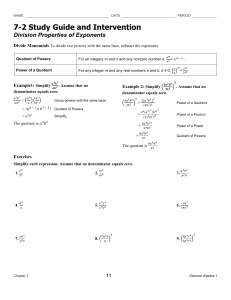 7-2 Study Guide and Intervention Division Properties of Exponents