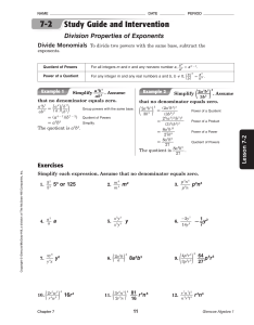 Chapter 7-2 handout from the Algebra book ANSWERS