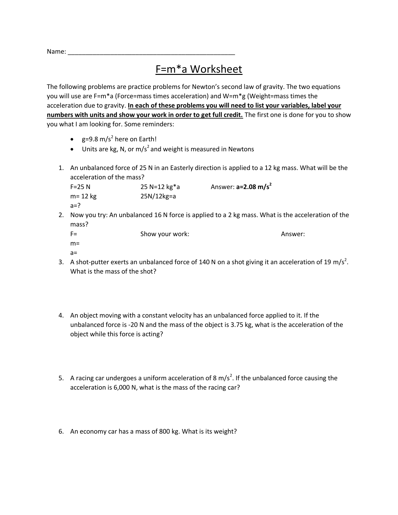 worksheet Force Mass Acceleration Worksheet fma worksheet