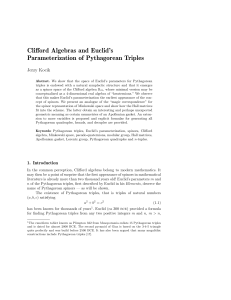 Clifford Algebras and Euclid`s Parameterization of Pythagorean Triples