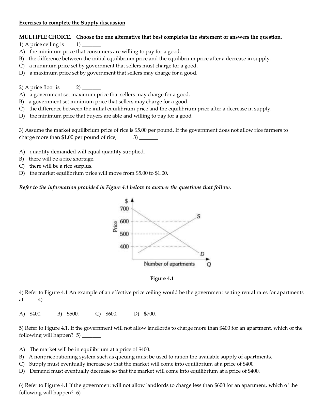 Exercises To Complete The Supply Discussion Multiple Choice
