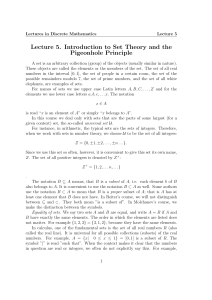 Lecture 5. Introduction to Set Theory and the Pigeonhole Principle