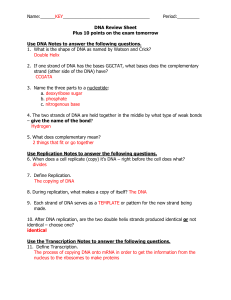 DNA Review Sheet Plus 10 points on the exam tomorrow