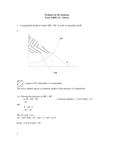 Problem Set #8, Solutions Econ 2106H, J.L. Turner 1. A monopolist