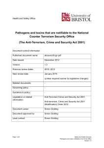 Anti-Terrorism, Crime and Security Act (Pathogens and Toxins)