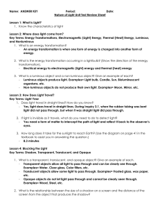 Name: ANSWER KEY Period: Date: Nature of Light Unit Test Review