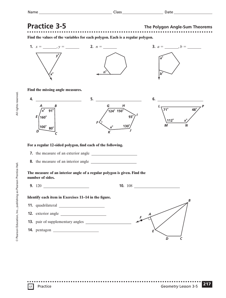Practice 3 5 The Polygon Angle Sum Theorems