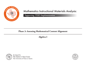 Mathematics Instructional Materials Analysis: Supporting TEKS Implementation Algebra I