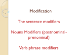 Modification The sentence modifiers Nouns Modifiers (postnominal- prenominal)