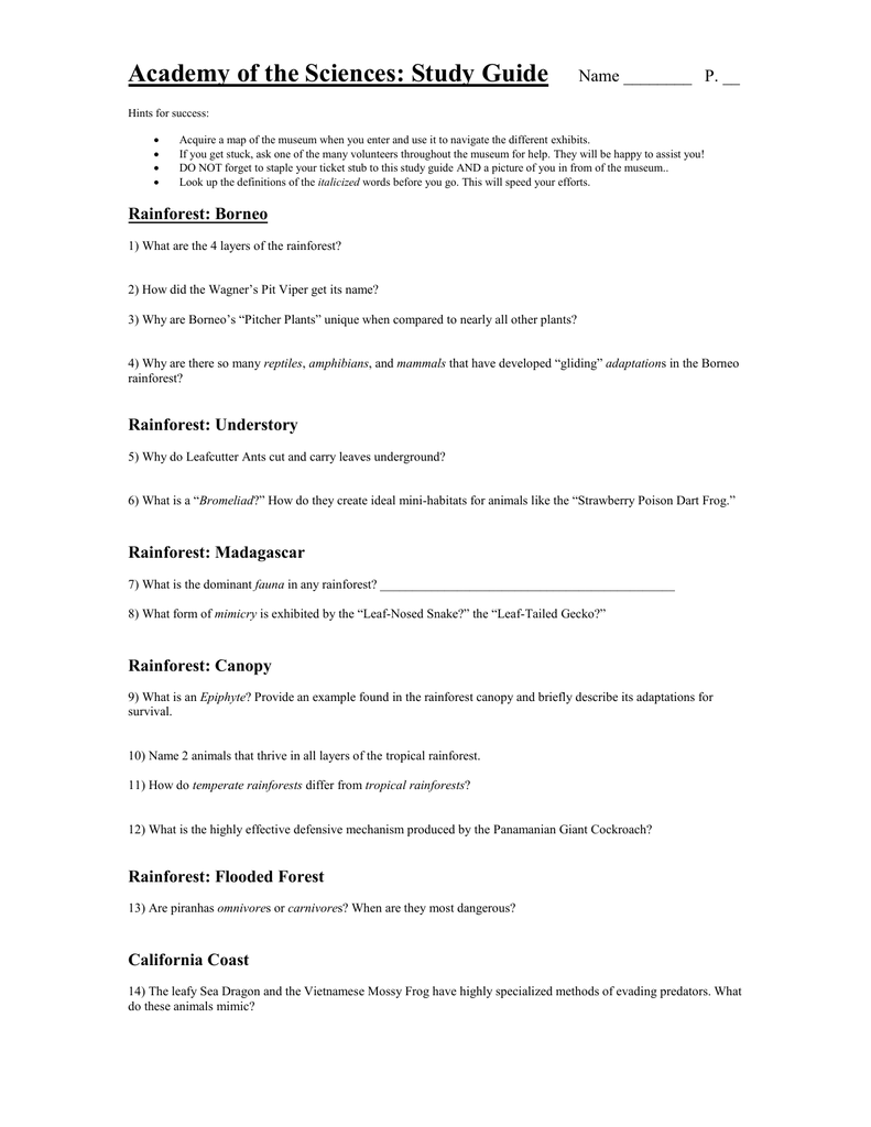 Academy Of The Sciences Study Guide Name