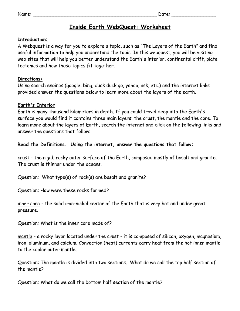 Inside Earth Webquest Worksheet