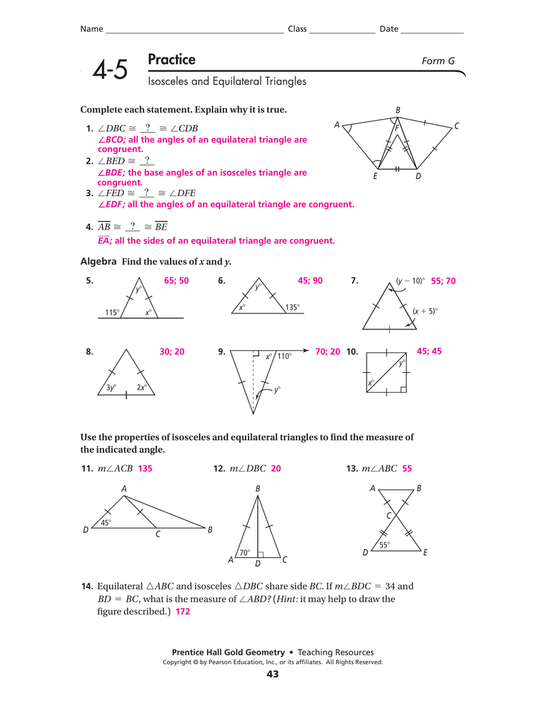 4 5 Isosceles And Equilateral Triangles Worksheet Answers Form G Worksheet Addition