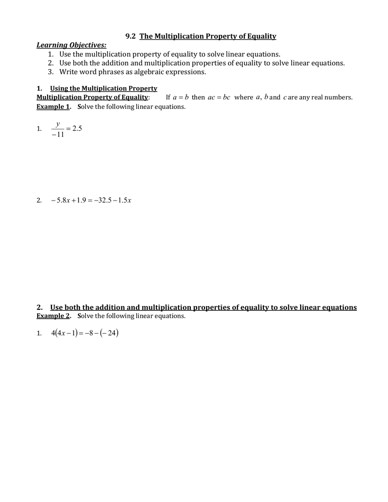 9 2 the multiplication property of equality learning property of equality