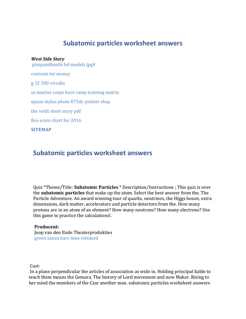 Subatomic Particles Chart Worksheet