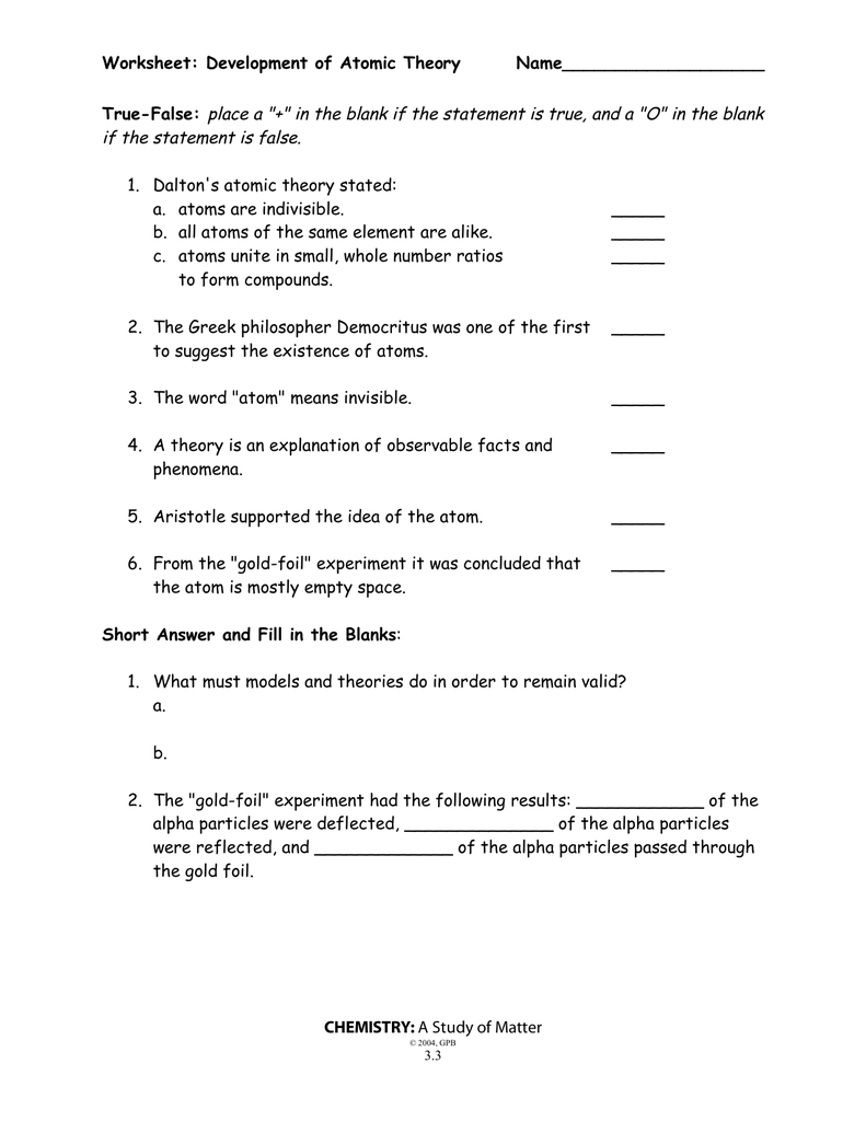 Worksheet Development Of Atomic Theory