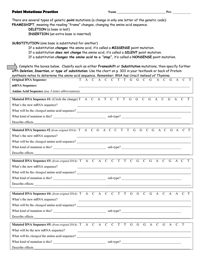 Dna Mutations Practice Worksheet